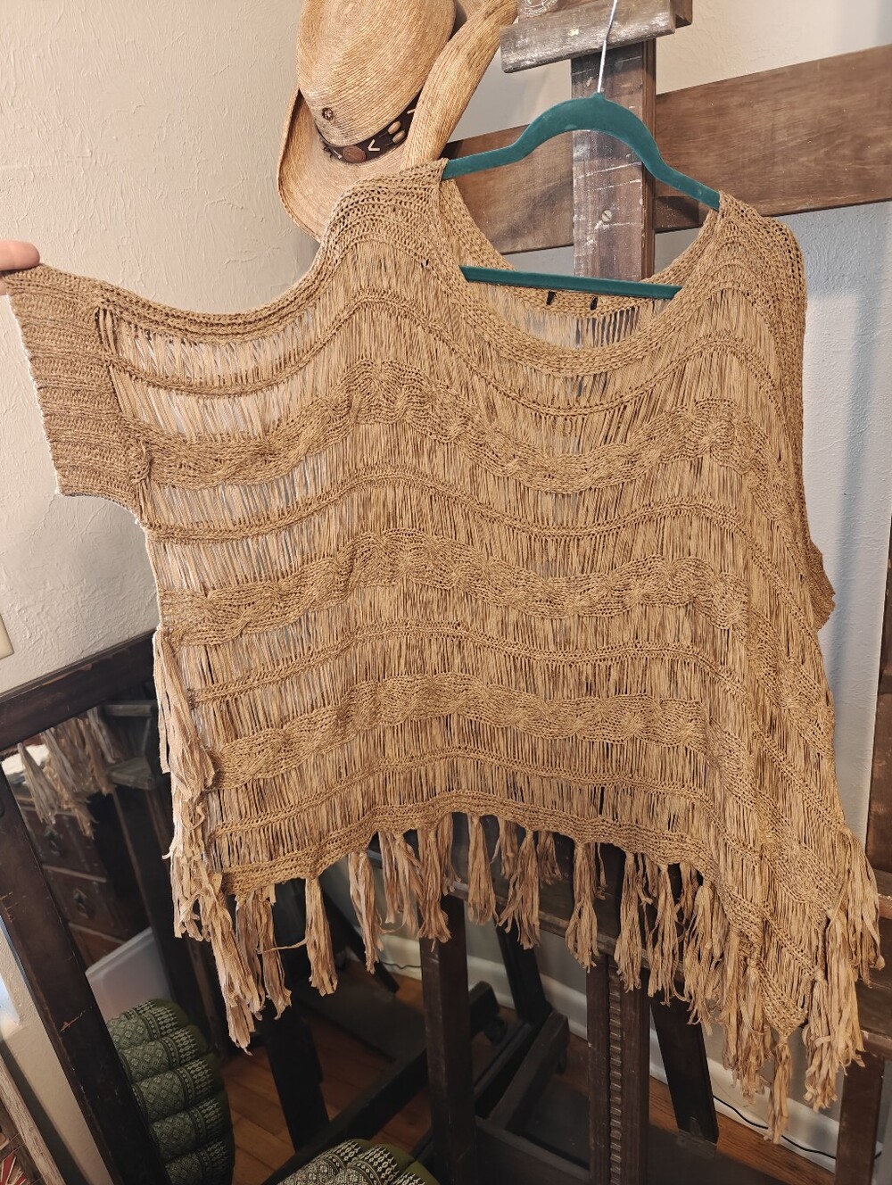 Boho Fringe Knit Poncho in Tan